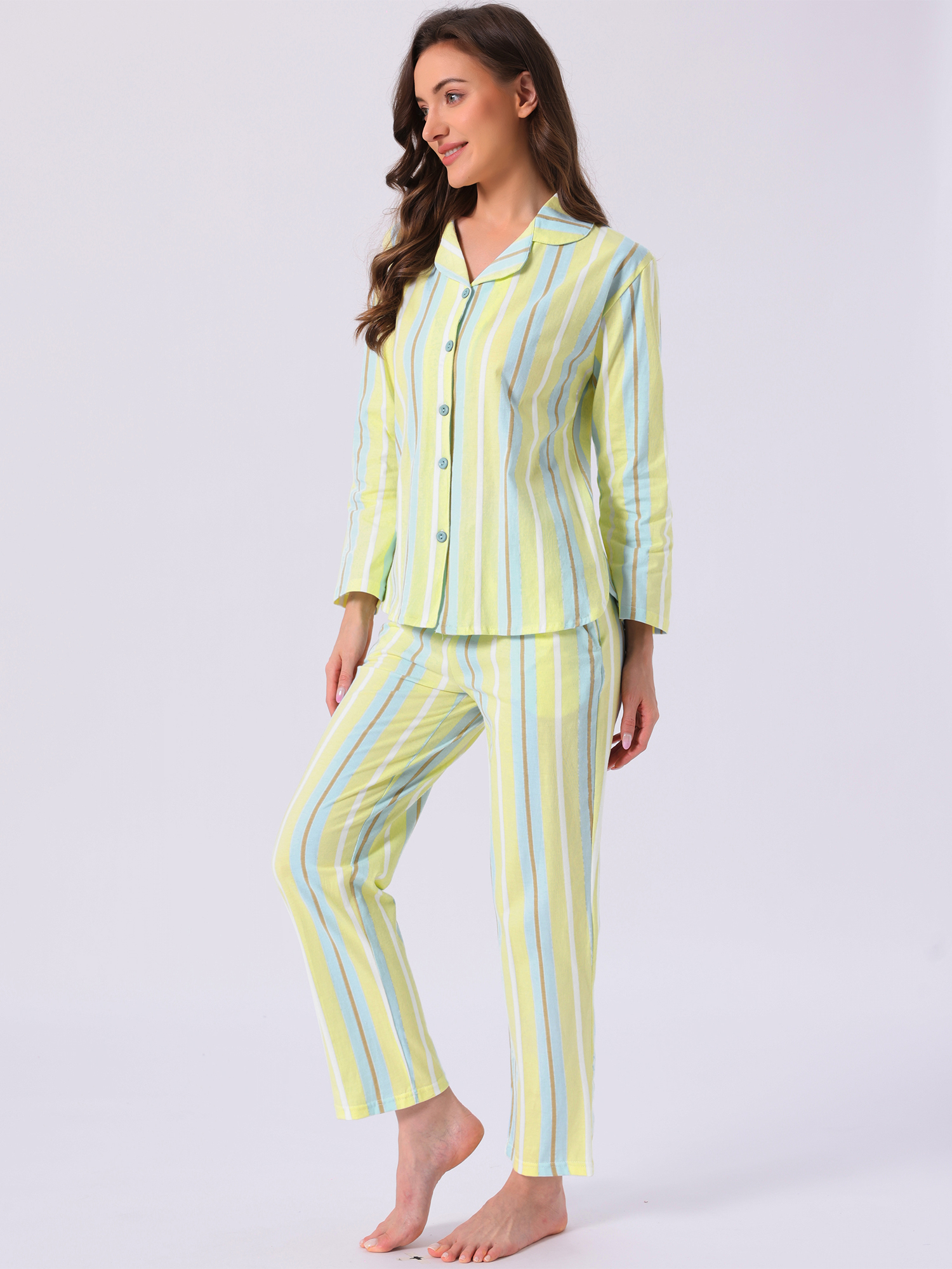 DARING DIVA Cotton Pajamas Button Down Pants Loungewear Set XS Yellow Stripe