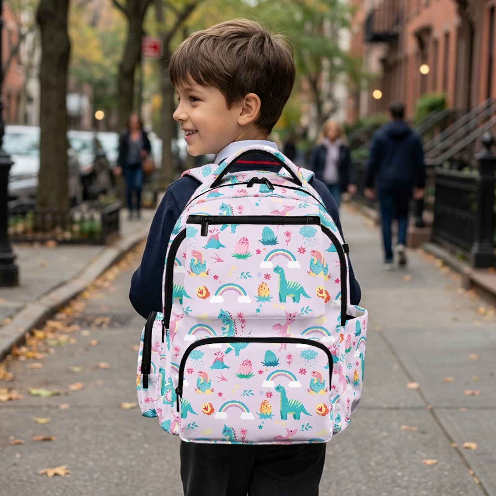 Mochila escolar arcoíris de dinosaurio púrpura para niños y niñas de 5-16 años, gran capacidad, múltiples bolsillos, resistente al agua, correas acolchadas ajustables, ligera 4