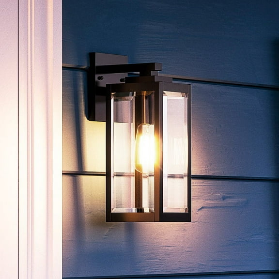 Luxury Modern Farmhouse Outdoor Wall Sconce, 14.25''H x 5.00''W, with Industrial Style Elements, Minimalist Design, Natural Black Finish and Clear Glass Panel With Beveled Edge, UQL1330