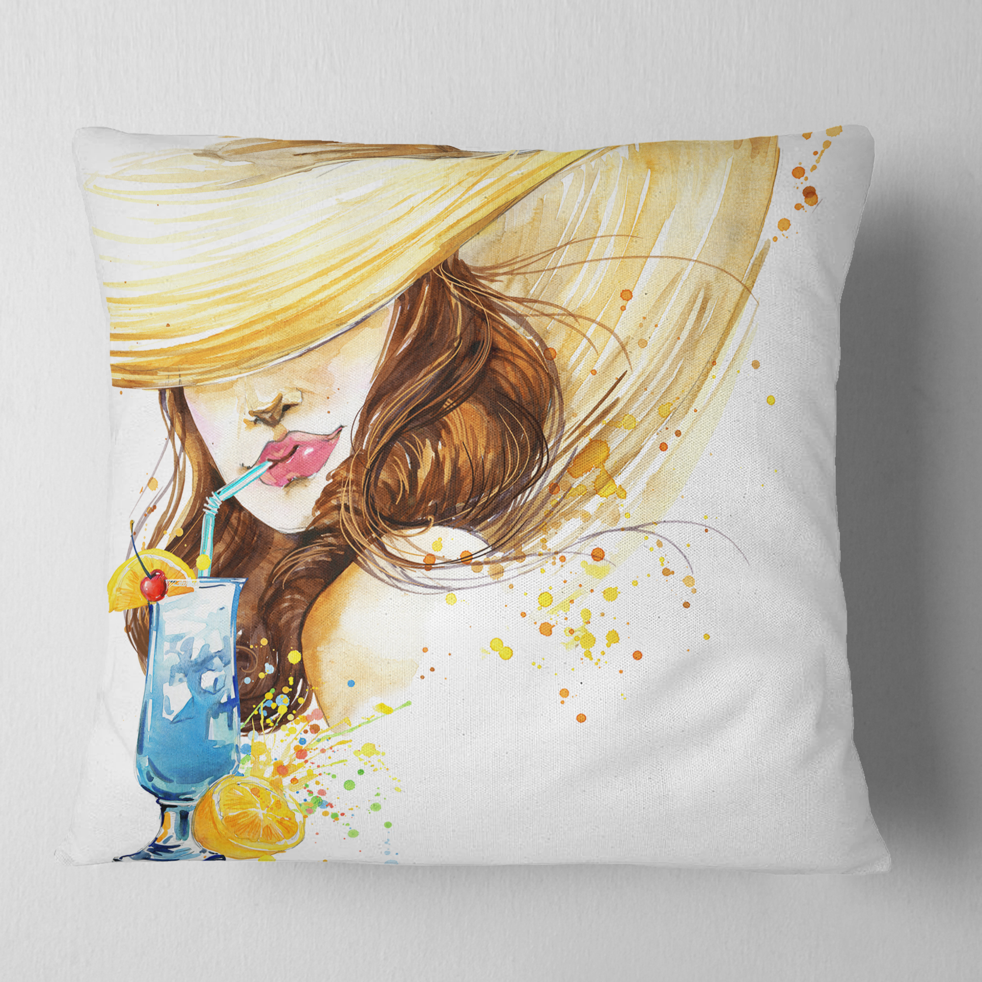 Designart Woman with Fruit Cocktail - Abstract Throw Pillow - 16x16