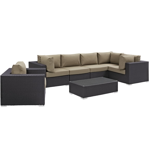 Modern Contemporary Urban Design Outdoor Patio Balcony Seven PCS Sectional Sofa Set, Brown, Rattan
