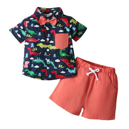 

4T Toddler Baby Boys Clothes Dinosaur Print Turn-down Collar Pocket Short Sleeve Bow Tie Suit Top +Shorts 2Pcs Outfits Set 4-5T