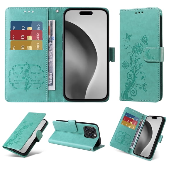 Compatible with iPhone 16 Pro Wallet Case with Card Holder & Cash Slot [RFID Blocking],Wallet Wristlet Pressed Butterfly Flower PU Leather Magnetic Flip Folio Cover for Women Men,Green