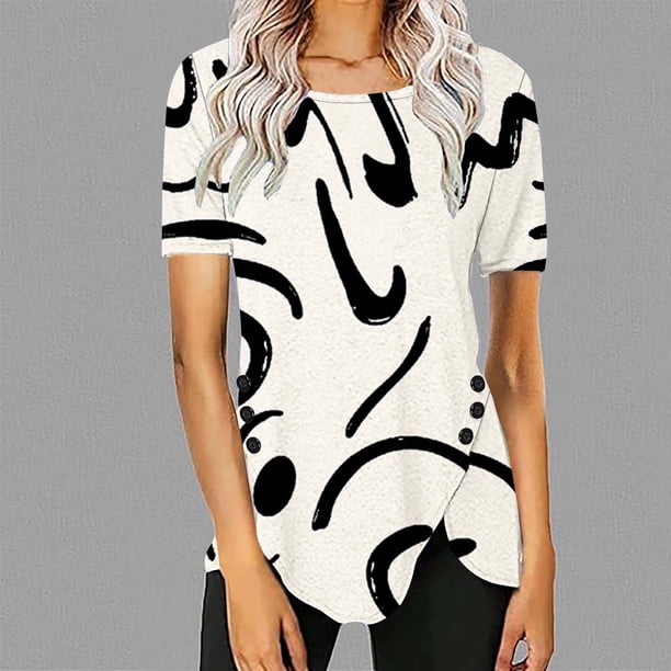 Fiudx Liquidación de Ofertas Flash Blusa Casual de Manga Corta con Estampado de Botones y Cuello Redondo para Mujer