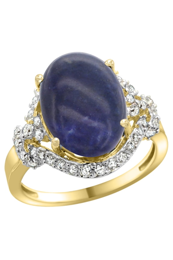 14k Yellow Gold Natural Lapis Ring Diamond Halo Oval 14x10mm, 3/4 inch wide, size 8