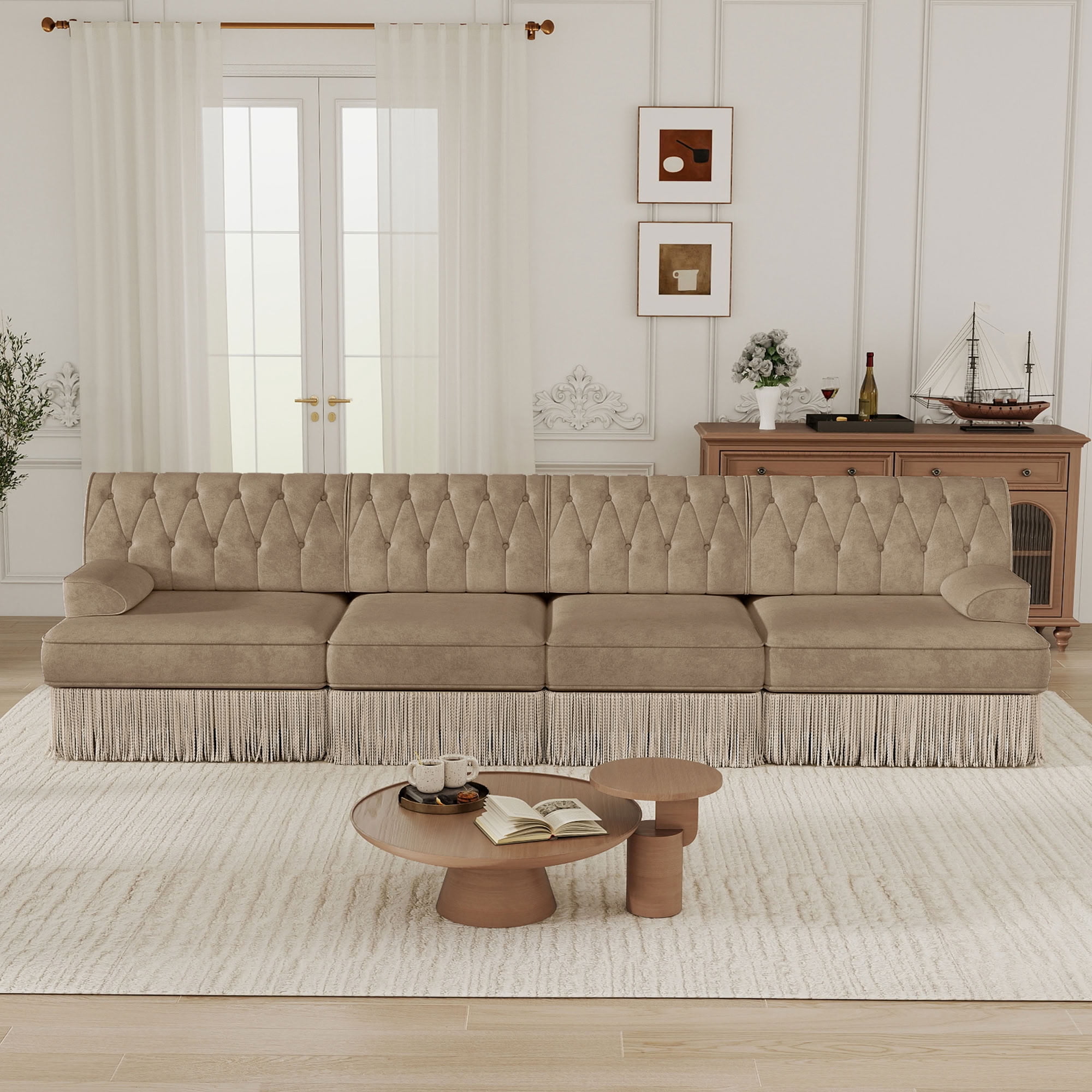 MAYEERTY 135 Inch Chesterfield Sofa, 4-Seater Modular Couch with Tassel, Solid Wood Base for Living Room Home Lounge Space