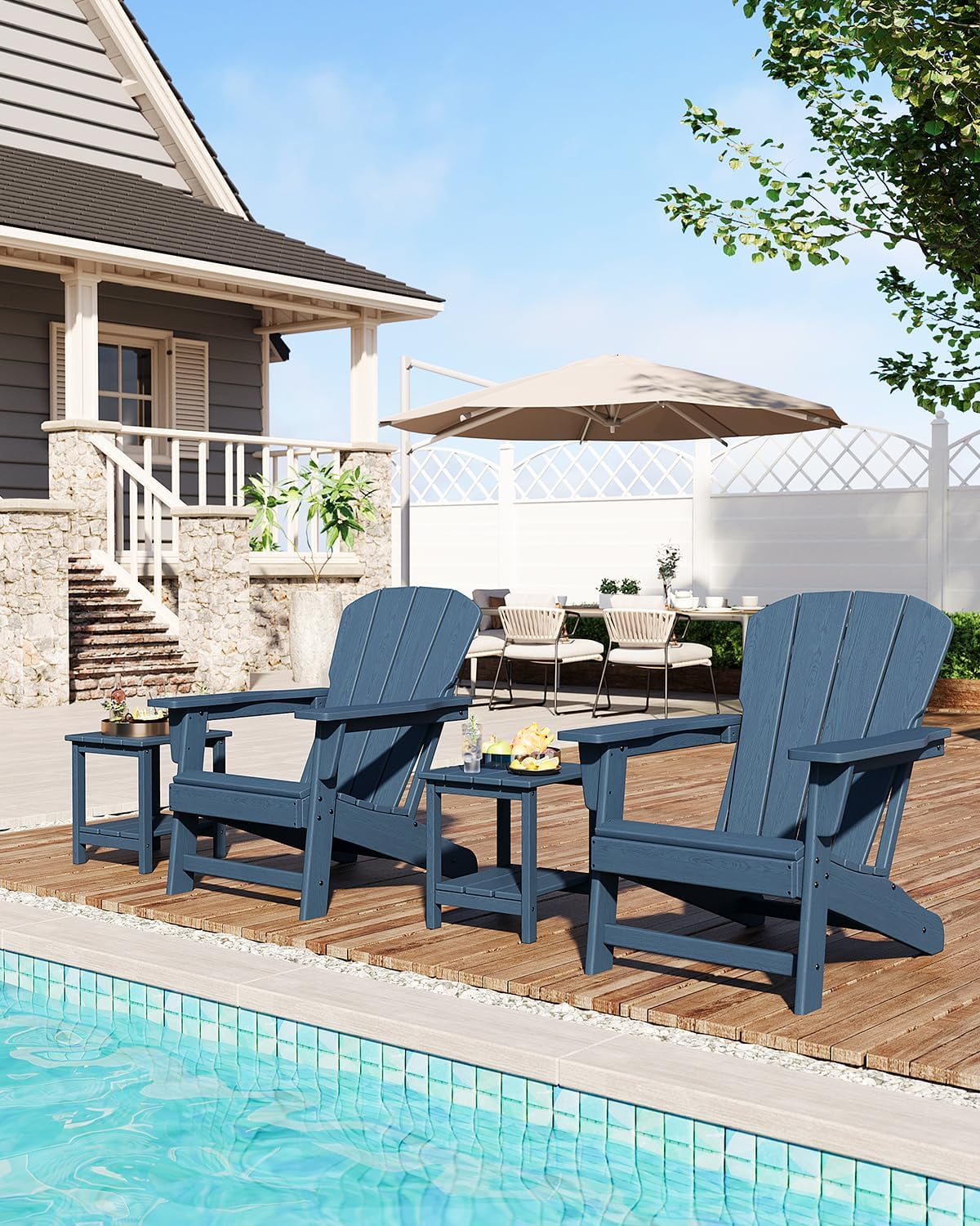 Outdoor Adirondack Chairs, HDPE Plastic Patio Chairs for All Weather, Weather-Resistant Fire Pit Chair with Wide Armrests & Slatted Back, for Patio, Deck, Lawn, Navy Blue