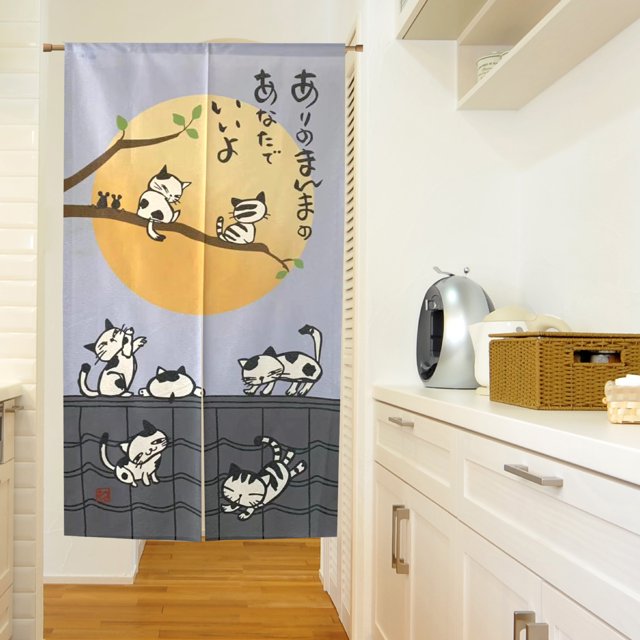 Cortina de puerta de tela estilo japonés con bonito gato para baño, cocina, hogar, media cortina divisoria para baño, dormitorio, sin agujeros