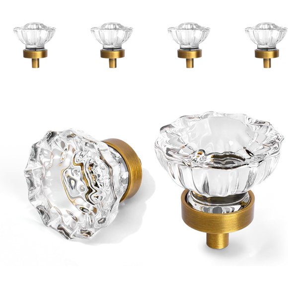 Vintage Cabinet Knobs Crystal Cabinets Knob 4 Pack, Antique Brass Small Pull Clear Crystal For Closet Dresser Drawers Cupboard Wardrobe, Solid Alloy Retro Pulls Single-Hole Old Fashioned Handle
