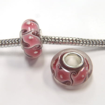 - 1 Bead - Pink White Swirl Lampwork Glass Silver European Bead Charm E1027