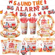 Firefighter Birthday Party Decorations, Firetruck Birthday Decorations 142pcs Tableware Set Include Plates,Napkins,Cups,Banner,Sound The Alarm Tablecloth For Fireman Fire Truck Party Supplies