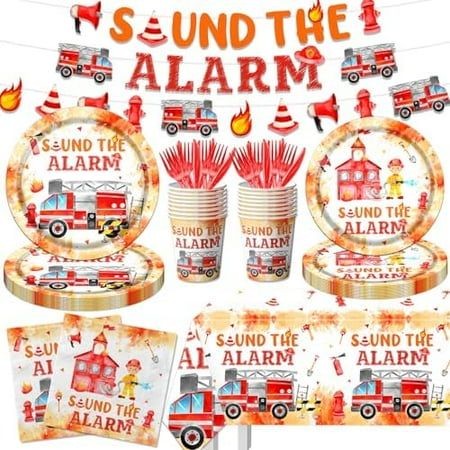 Firefighter Birthday Party Decorations, Firetruck Birthday Decorations 142pcs Tableware Set Include Plates,Napkins,Cups,Banner,Sound The Alarm Tablecloth For Fireman Fire Truck Party Supplies