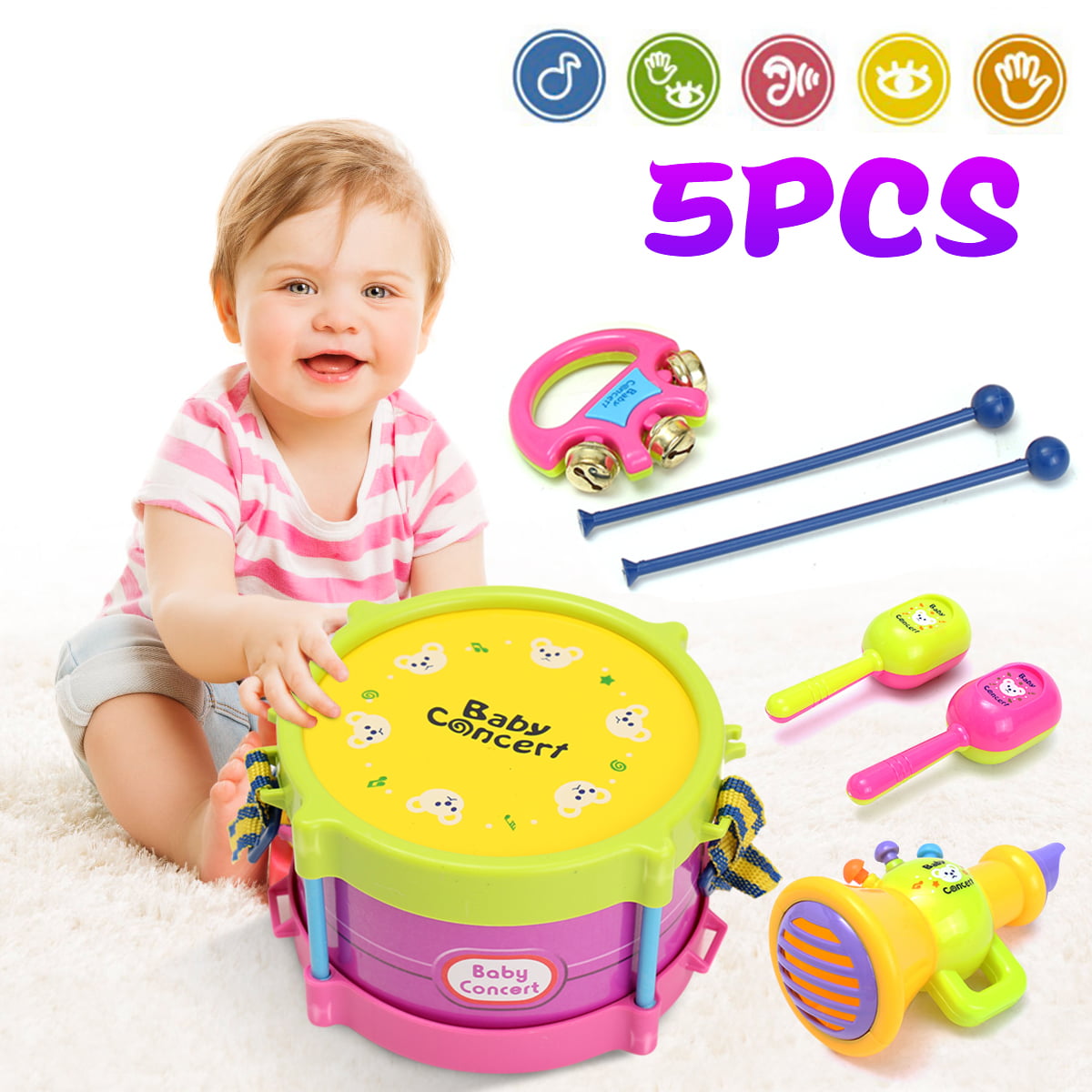 Electric Tambourine Drum Percussion Musical Rattle Toy Hearing Vision Train 