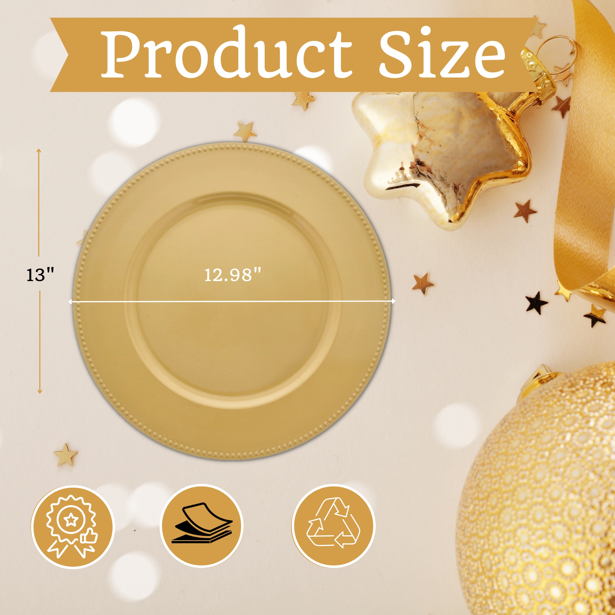 24-Pack 13 Inch Clear Charger Plates With Gold Beaded Rim - Plastic Dinner Service Plates For Weddings & Events