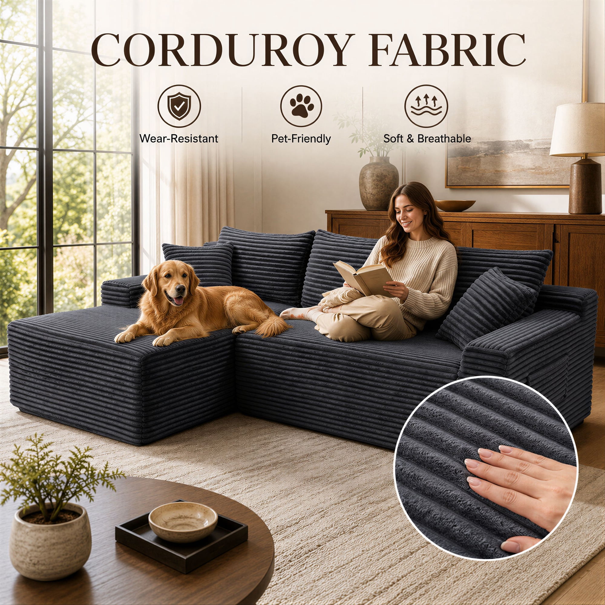 Aukfa 96" Cloud Sectional Couch, Modular L Shaped Boneless Sofa with Left Facing Chaise&2 Storage Pockets, Dark Gray