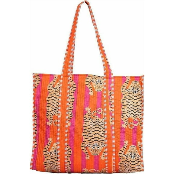 Cotton Tiger Block Print Tote Bag, Handmade Indian Shopping Shoulder Bag, Unisex Market Daily Use