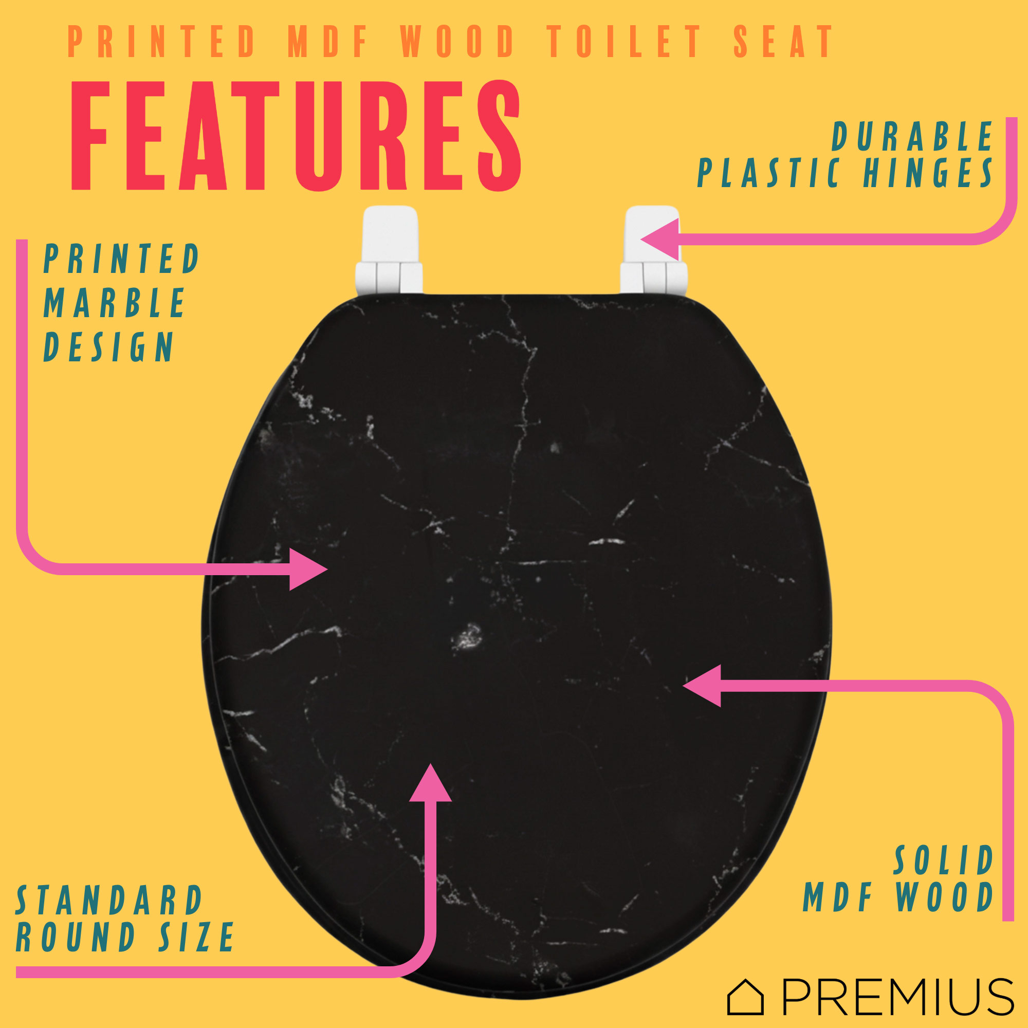 PREMIUS Printed MDF Wood Round Toilet Seat with Plastic Hinges, Black Marble, Standard 17 Inches