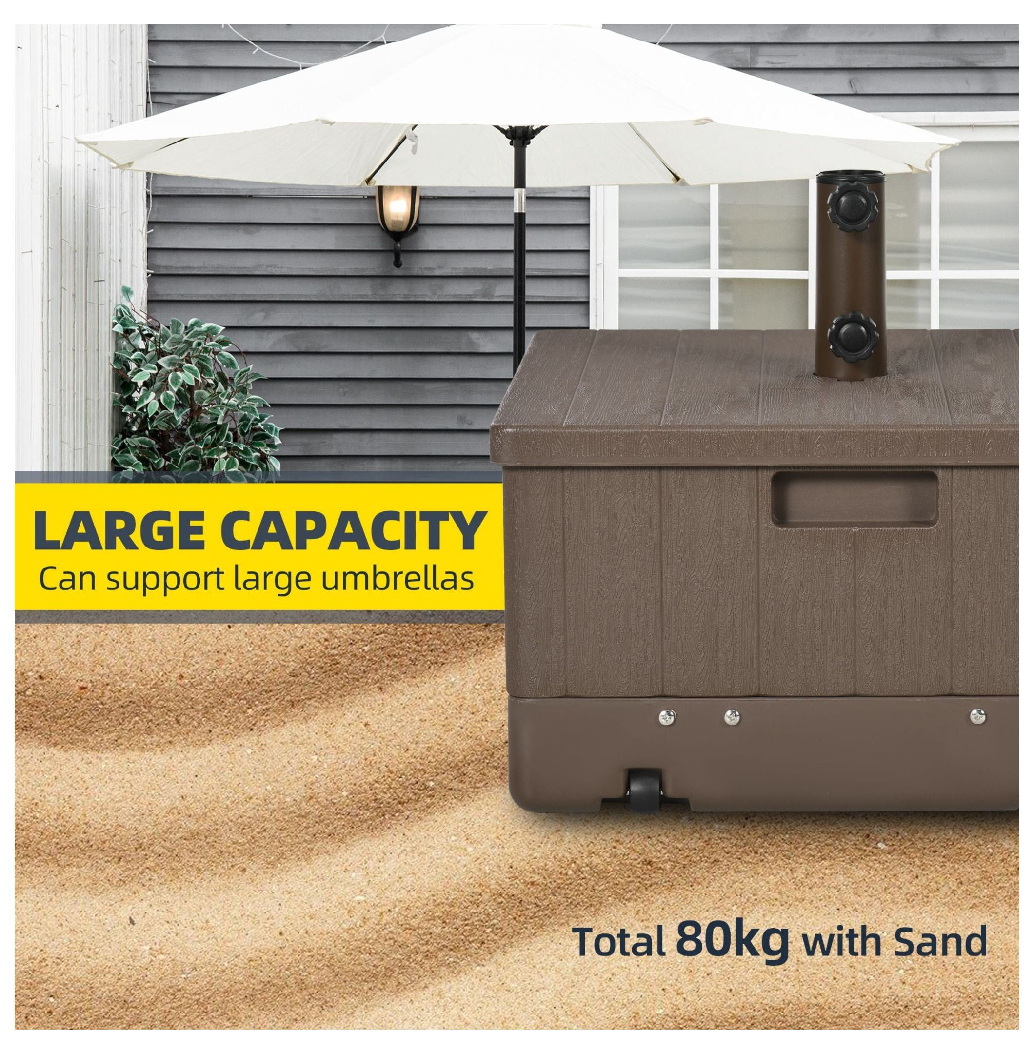3-in-1 Outdoor Umbrella Base, Coffee End Table, Flower Box Planter, 175lbs Capacity Patio Umbrella Stand Table with Wheels and Handles, Brown