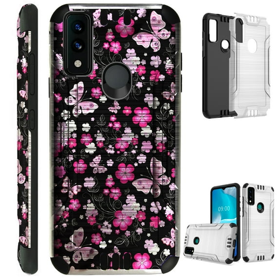 Compatible with AT&T Maestro 3 Brushed Metal Texture Hybrid Silver Guard Phone Case Cover (Pink Butterfly)