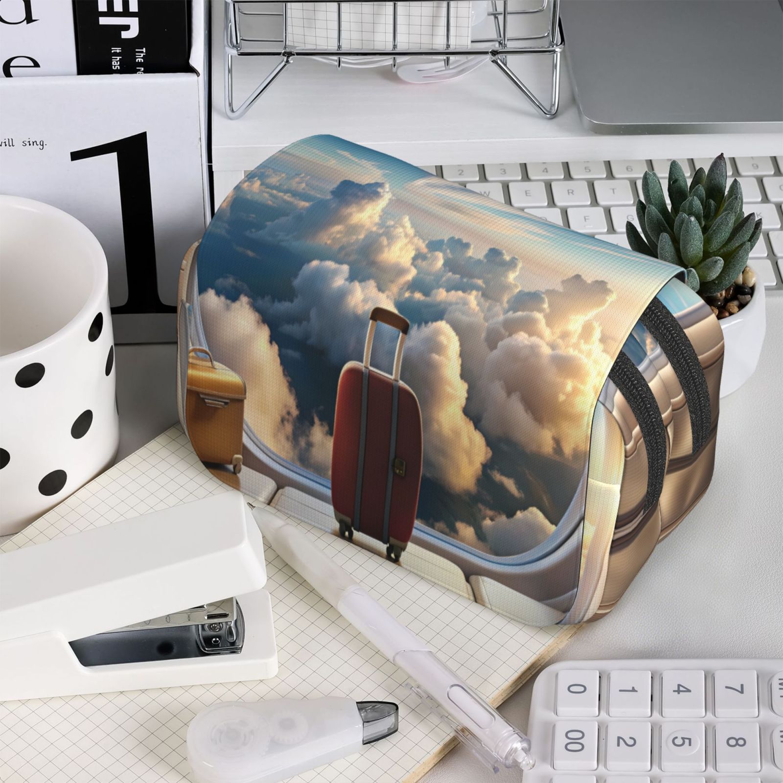 Rateoe Sunset Airplane Travel View Pattern Double Clamshell Pen Case, Storage Organizer with Two Zipper Compartments– Holds Up to 50 Pencils & Pens