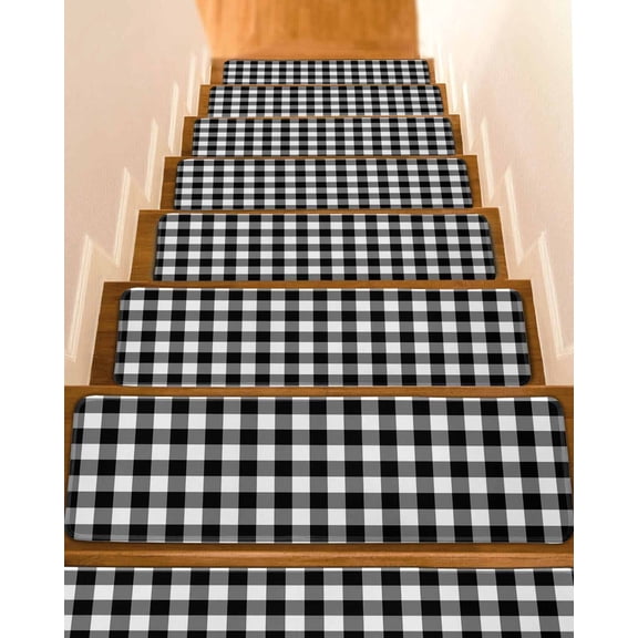 Stair Treads for Wooden Steps, Black White Plaid Peel and Stick Stair Treads with Adhesive, Gradient Geometric Buffalo Checkered Non Slip Indoor Stairs Runner Rugs Mats for Elders Dogs 8"x30"7PCS