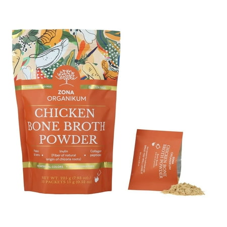 ZONA ORGANIKUM Chicken Bone VTF5 Broth Powder- 1 pack 15 servings 15 g (0.53 oz) on the go, natural ingredients, collagen, 9 g of protein (0.32 oz), sea salt. Gluten free, sugar free, no MGS.