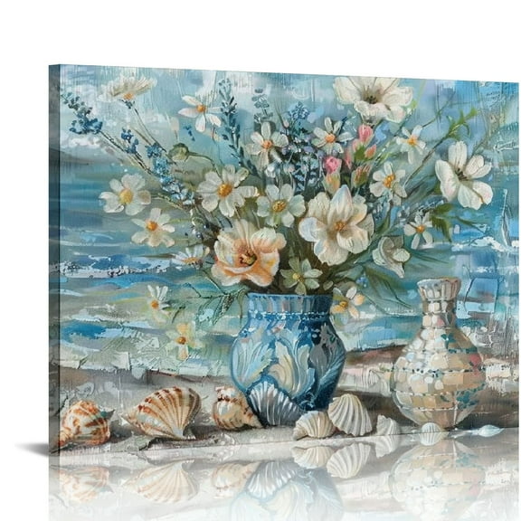 Creowell Canvas Wall Art for Living Room Seaside Painting Blue Sea View Ocean Theme Abstract Seascape Artwork Coastal Beach Home Decor Daisy Flower in Indian Vase Picture Poster Print 20x16/16x12 in