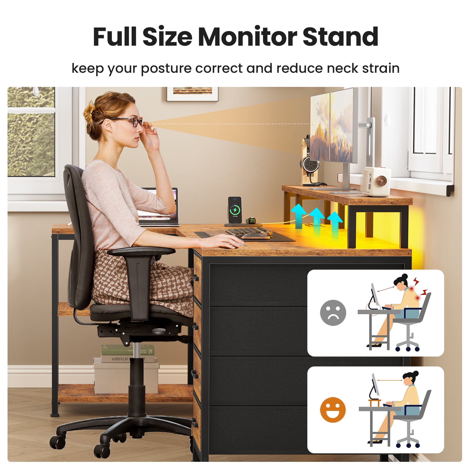 47" Gaming Desk with Power Outlets & LED Lights, L Shaped Desk with Fabric Drawers & CPU Stand, Corner Computer Desk with Open Shelves for Small Space, Rustic Brown