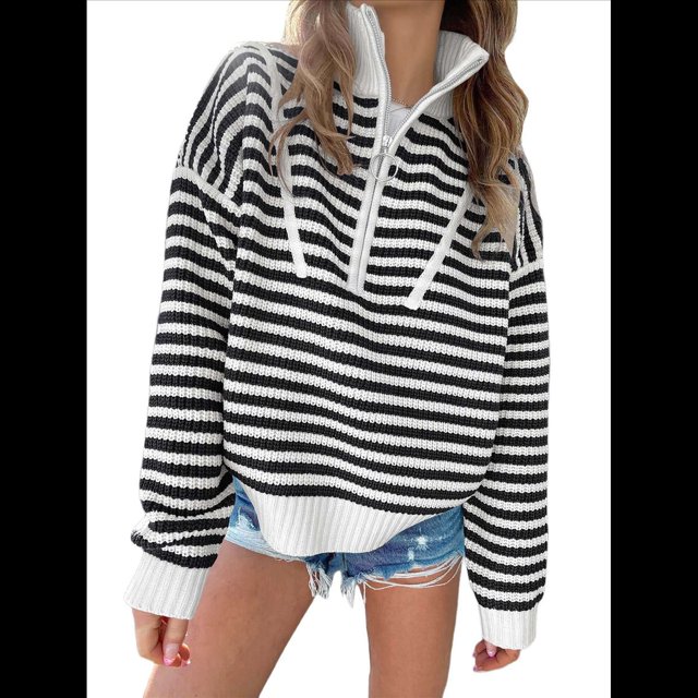 Suéter de Punto Acanalado de Larga con Media Cremallera A Rayas para Mujer, Tops Casuales, Cómodos y Ligeros, Moda de Otoño Negro S