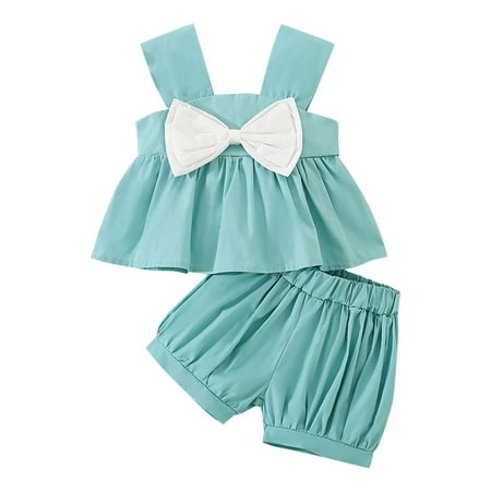 

Baby Clothes For Girls Summer Sleeveless Bowknot Tops Shorts Two Piece Kids Nee Born Girls Clothing Set 6-12 Months