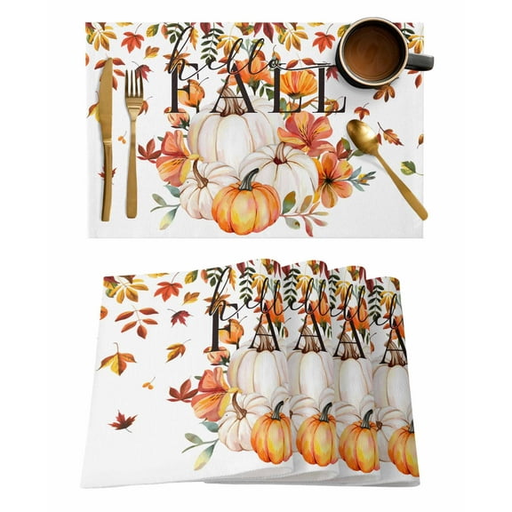Hello Fall Placemats Set of 6 White Orange Pumpkin Fallen Leaves Thanksgiving Heat Insulation Washable Place Mats, Rustic Non-Slip Table Mats for Dining Table Party Kitchen Decor,13x19 Inch