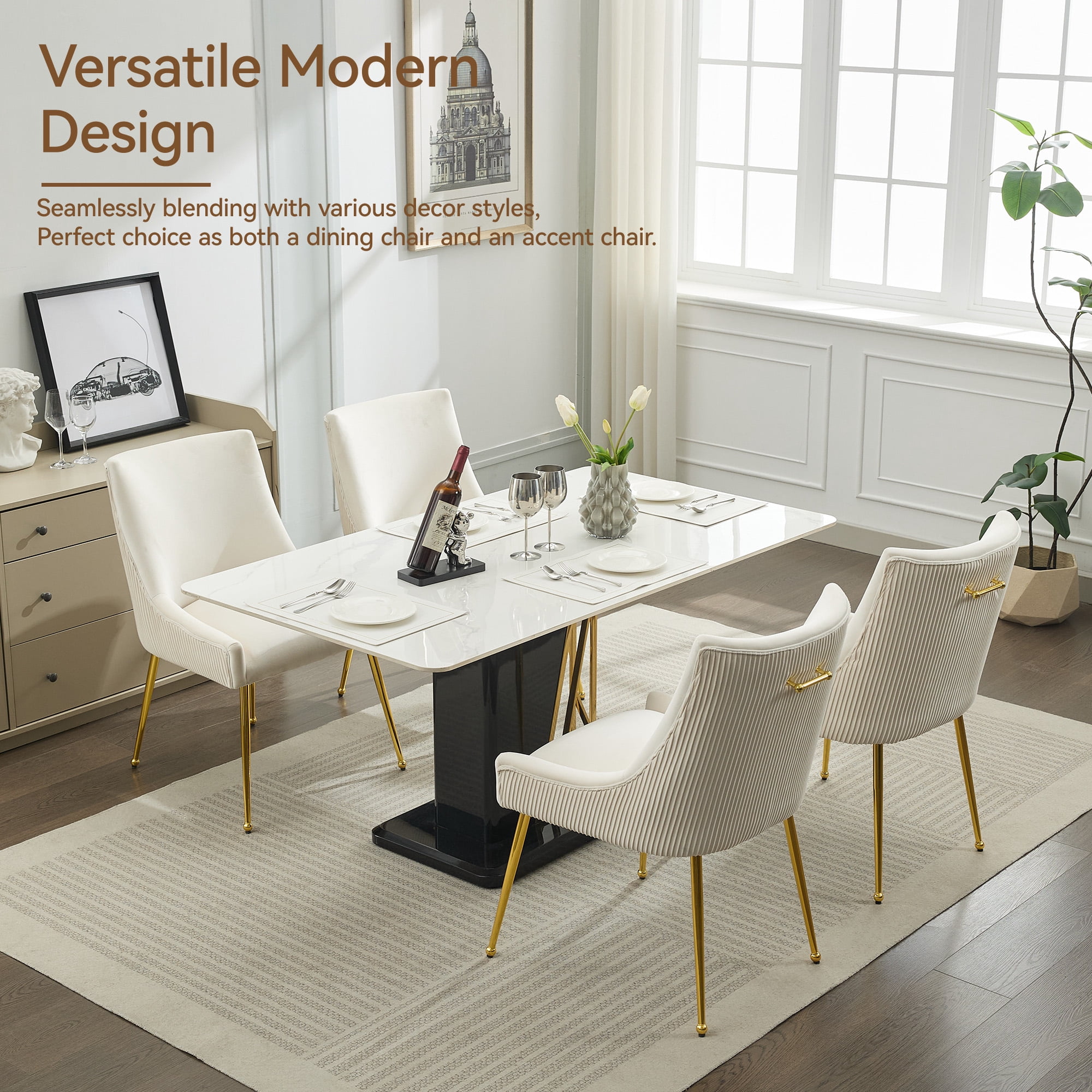 Velvet Dining Chairs Set of 4 with Gold Legs, Upholstered Accent Chairs, Pleated Back & Gold Pull Handle, Mid-Century Modern for Dining Room, Kitchen, Living Room, Beige