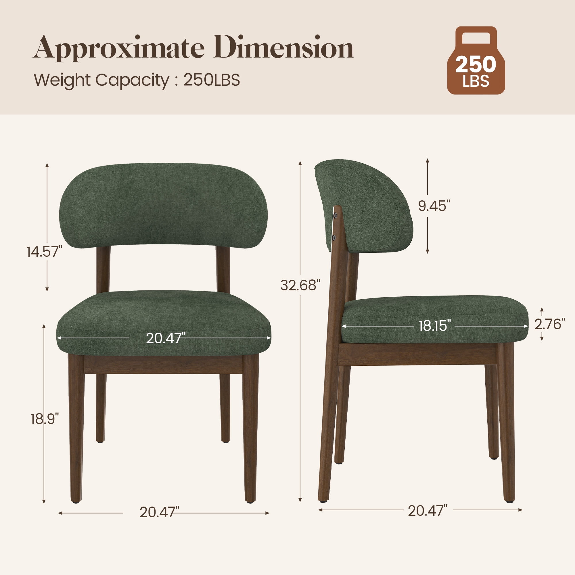 MOONMISS Dining Chair Set of 2,Upholstered Wooden Dining Chairs with Curved Back,Chenille Kitchen Side Chairs,Green