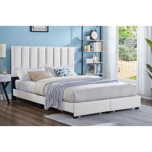 Lit Plateforme Rembourré avec Rangement Jesse avec Tiroirs et Tête de Lit Capitonnée Ajustable, Aucun Sommier Requis, Blanc, Très Grand