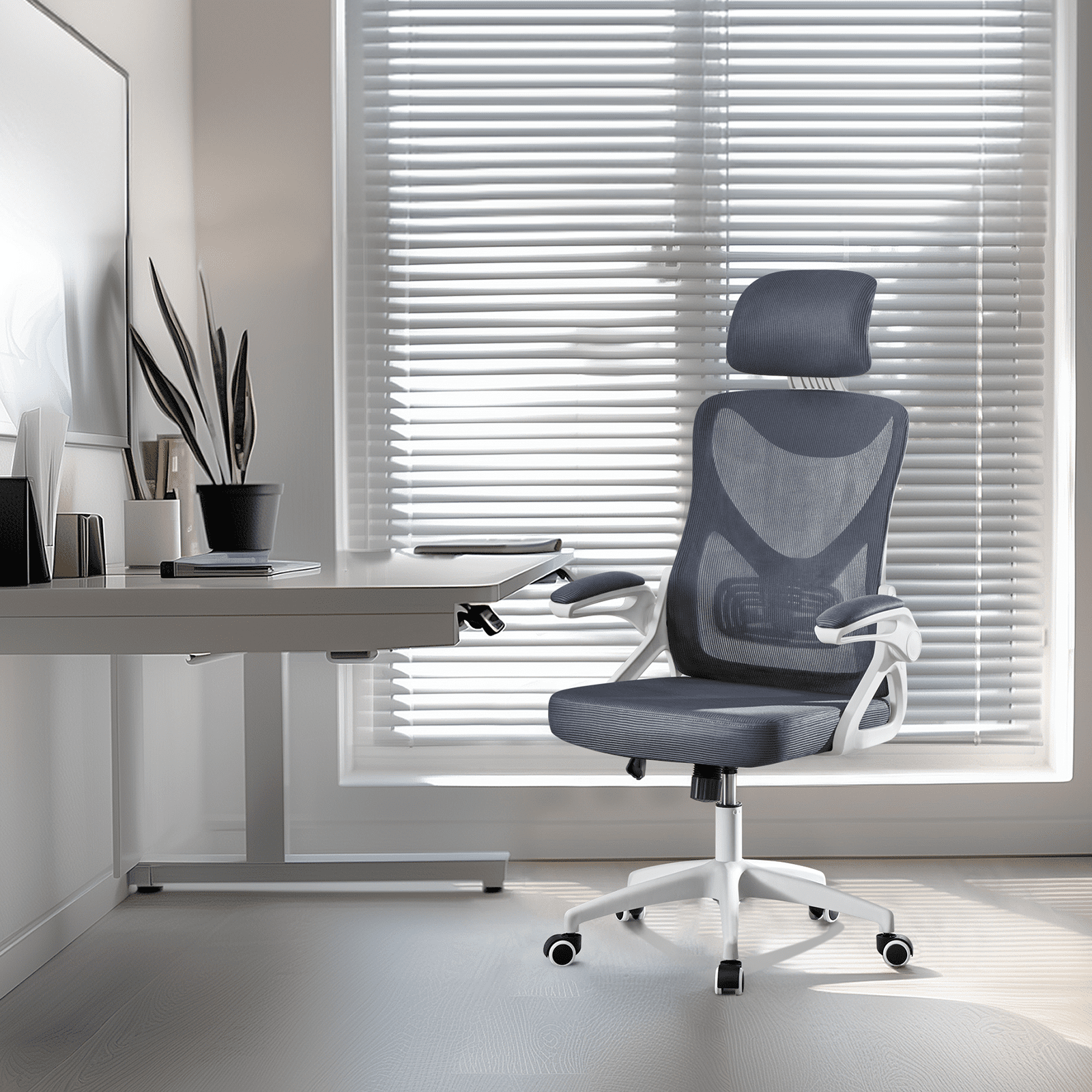 Alden Design High Back Ergonomic Mesh Office Chair with Adjustable Padded Headrest, White/Gray