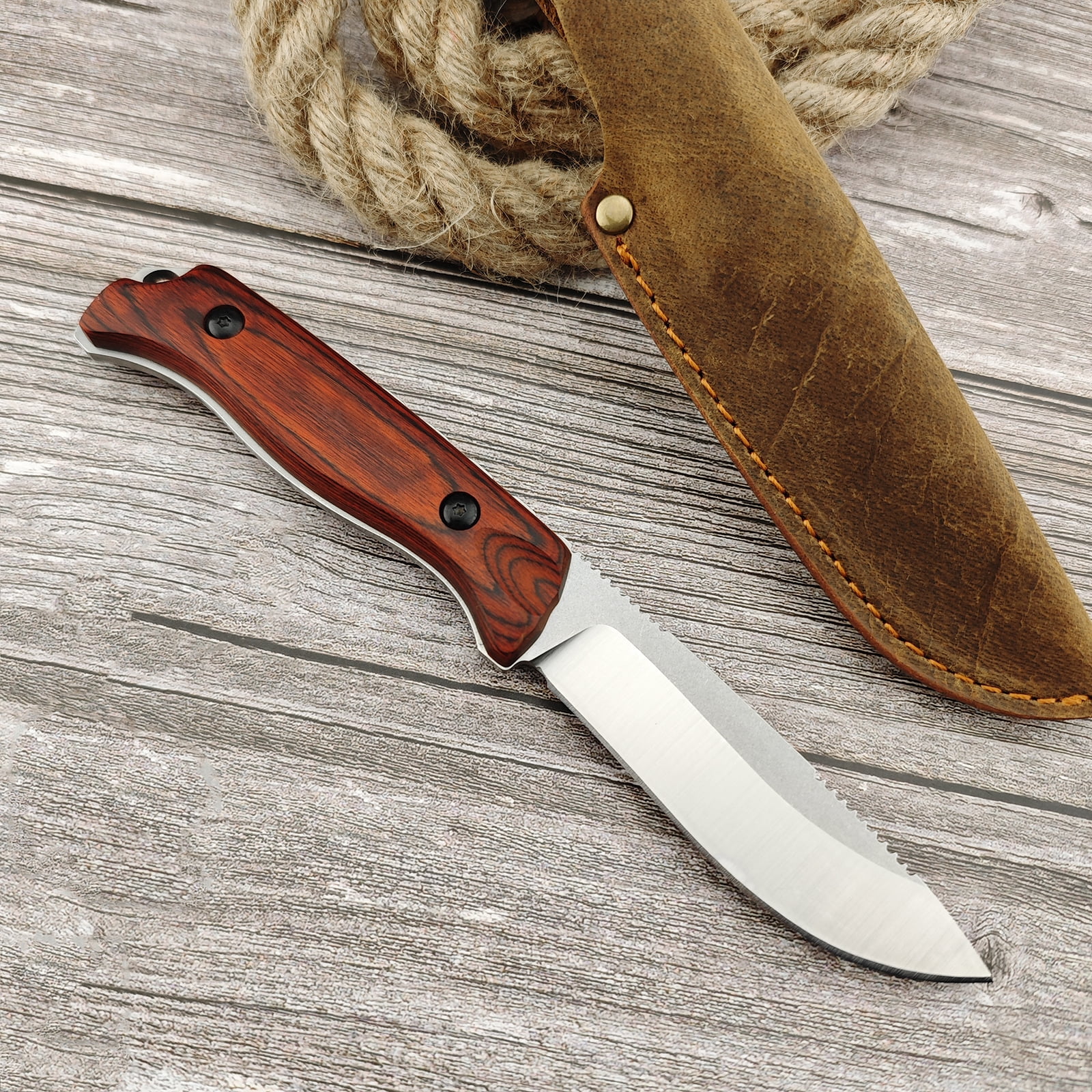 Fixed Blade Knife, Full Tang, Drop Point 440C Blade, Stabilised Wood Handle, Bushcraft Knife with Sheath for Camping, Outdoors
