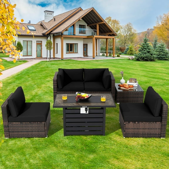 Costway 6PCS Patio Rattan Furniture Set 42'' Fire Pit Table Cover Sofa Cushion Black