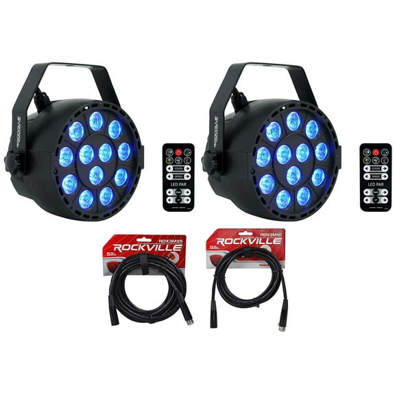 2 Rockville RockPAR TRI LED RGB Par Cans DJ Black DMX Wash Lights Remotes Cables