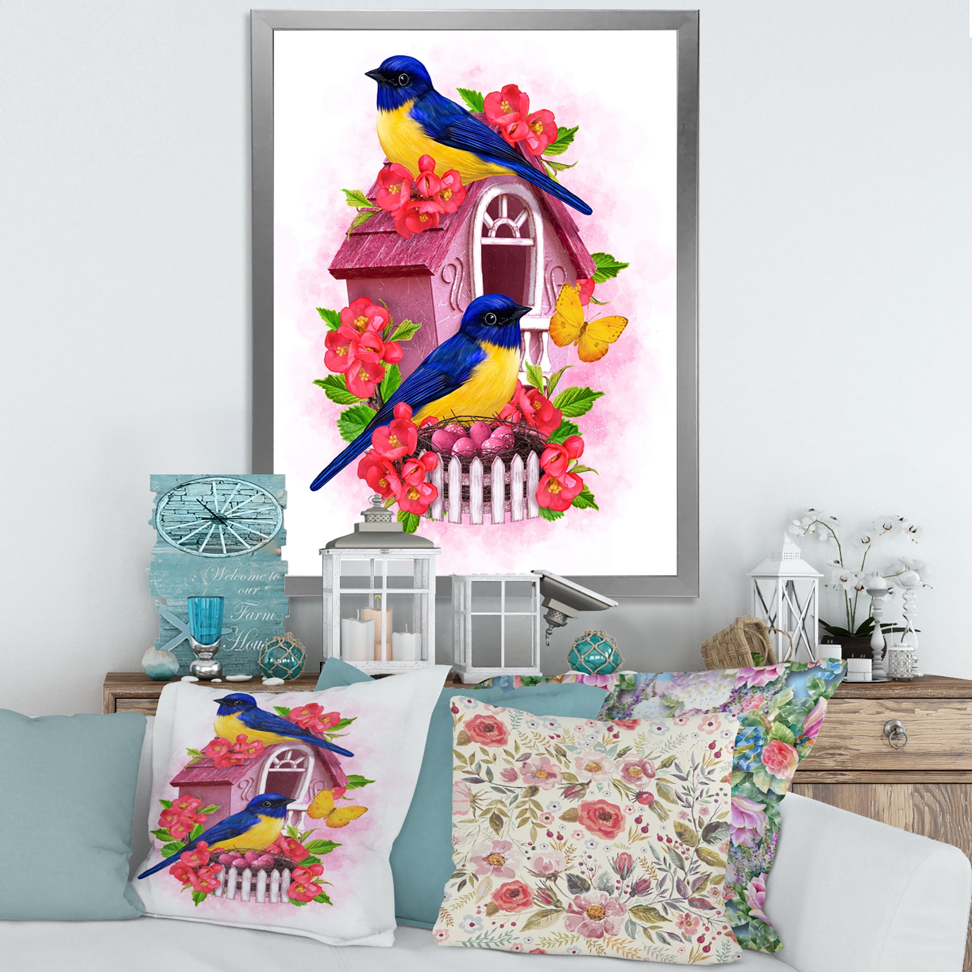 Designart 'Two Yellow and Blue Tit Birds Sitting Near The Nest' Traditional Framed Art Print