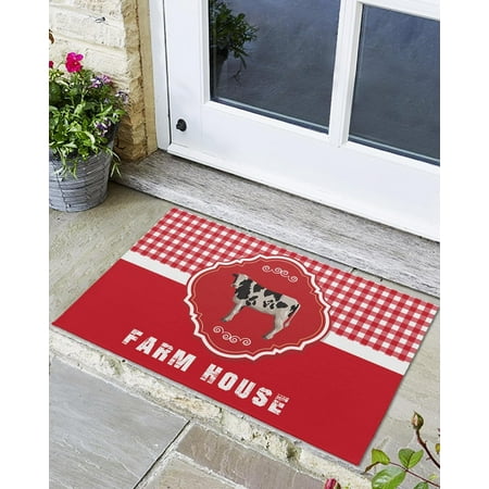 

Indoor Outdoor Mats Farm Cow Red Plaid Door Mat Non-Slip Absorbent Resist Dirt Entrance Mat Washable Welcome Mats for Entryway Low-Profile Floor Mats