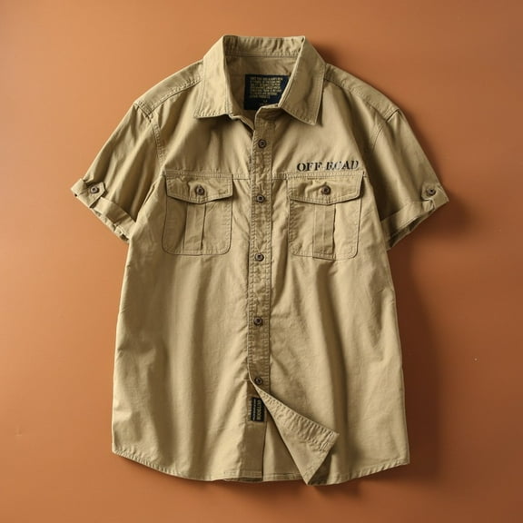 Men Fashionable Loose Casual Button Workwear Short Sleeve Turndown Collar Blouse Shirt Beach Summer Vacation Tops with Pocket