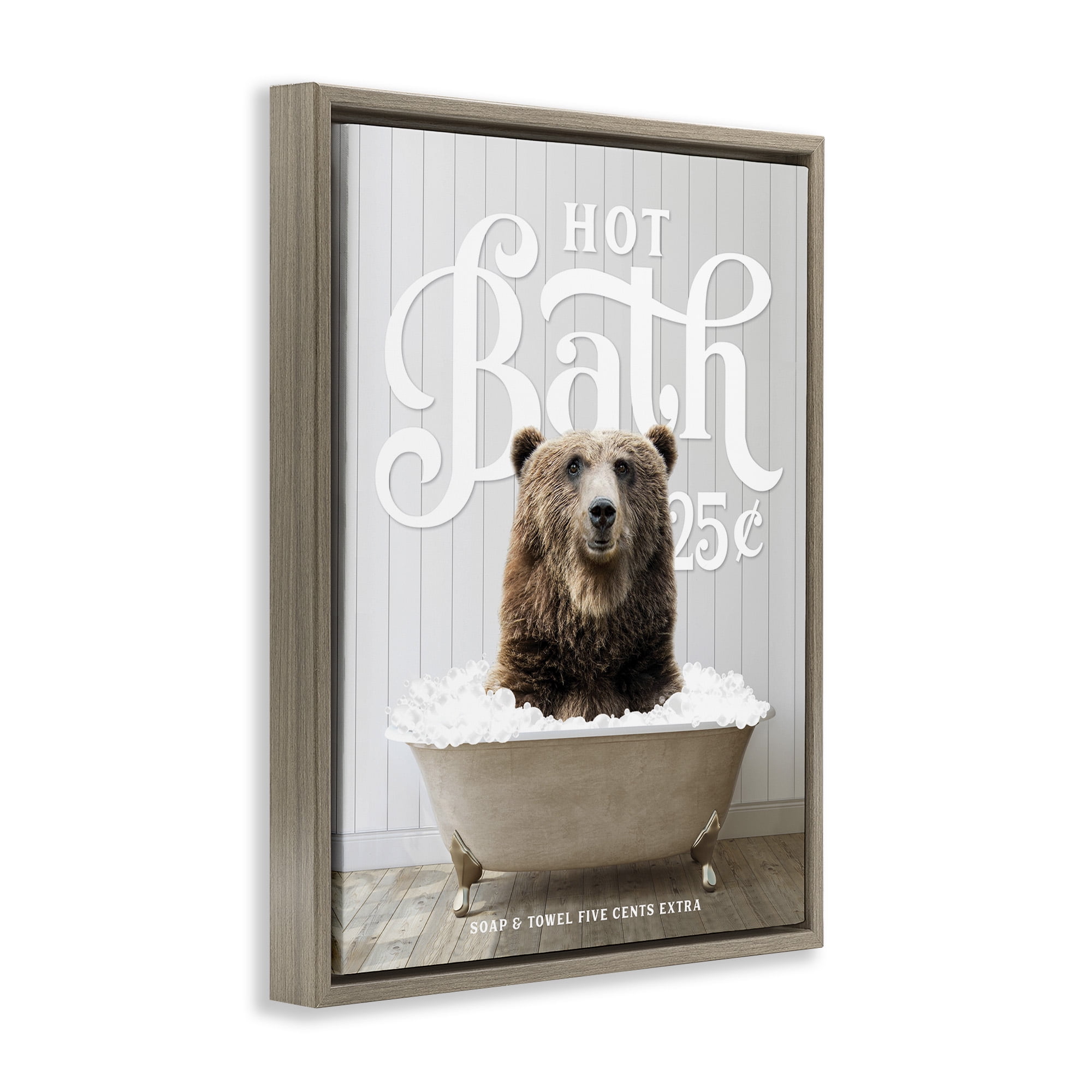 Stupell Industries Vintage Bathroom Bear Ad Animals & Insects Painting Brown Floater Framed Canvas Art Print Wall Art, 17 x 21