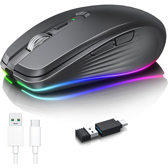 Rechargeable Wireless Mouse, 2.4G RGB 4 Adjustable DPI (Max 3600) Quiet Ergonomic Mouse with 6 Buttons for PC, Computer, Laptop, ChromeBook,Tablet, Compact Cordless Mice, USB and USB-C Adapter (Black)