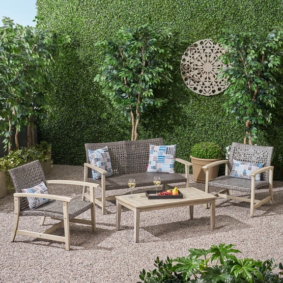 GDF Studio Beacher Outdoor 4 Piece Wood and Wicker Chat Set, Mixed Black