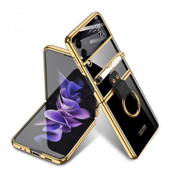 For Samsung Galaxy Z Flip 3 5G Cover With Capacitance Pen Shockproof Luxury Plating Ring Holder Folding Hard PC Case