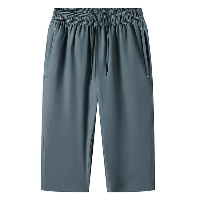 Cinvoph Capri Pants for Men Elastic Waist Solid Color Capris with Pockets Relaxed Fit Wide Leg Pants