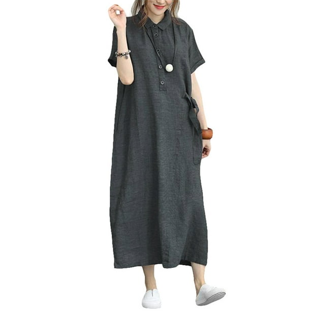 ZANZEA ZANZEA Women Short Sleeve Turn Down Collar Dress Long Shirt Dress