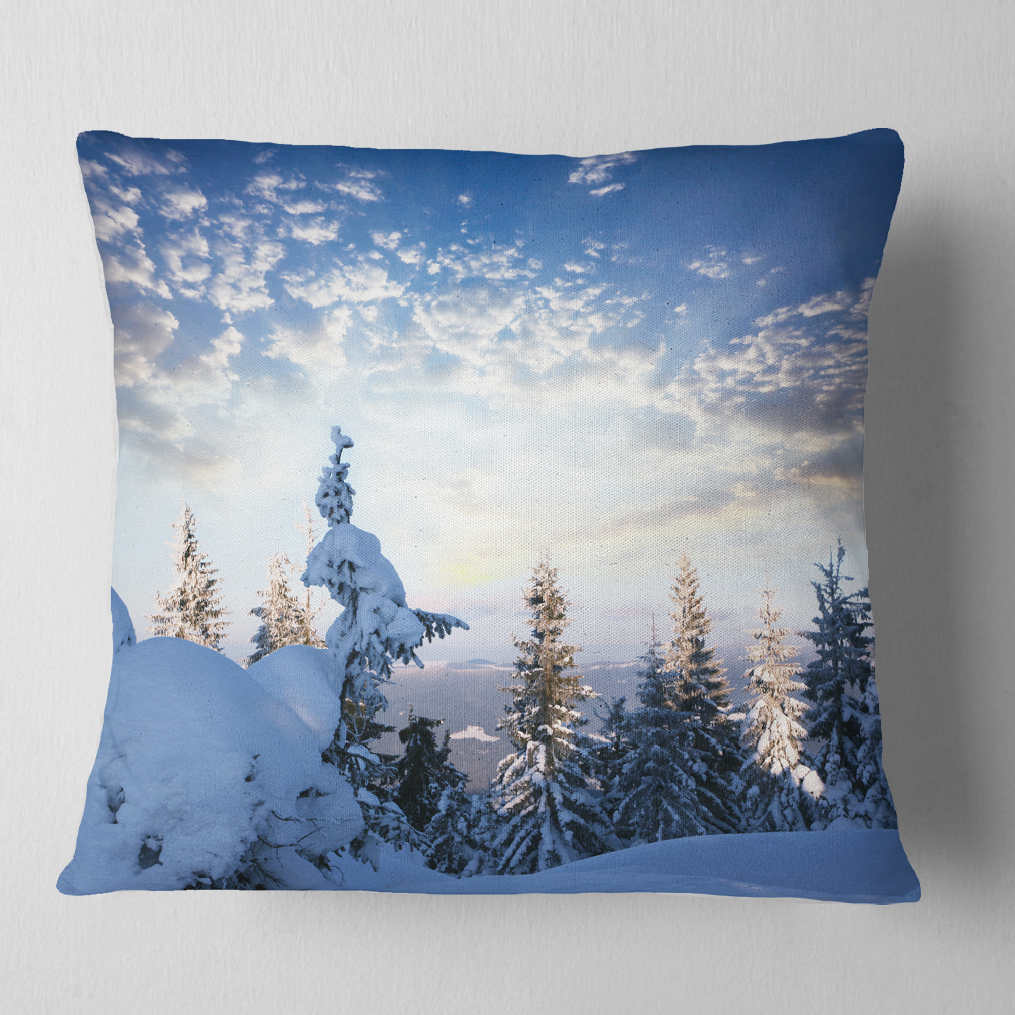 Designart Foggy White Winter Forest - Landscape Wall Throw Pillow - 18x18