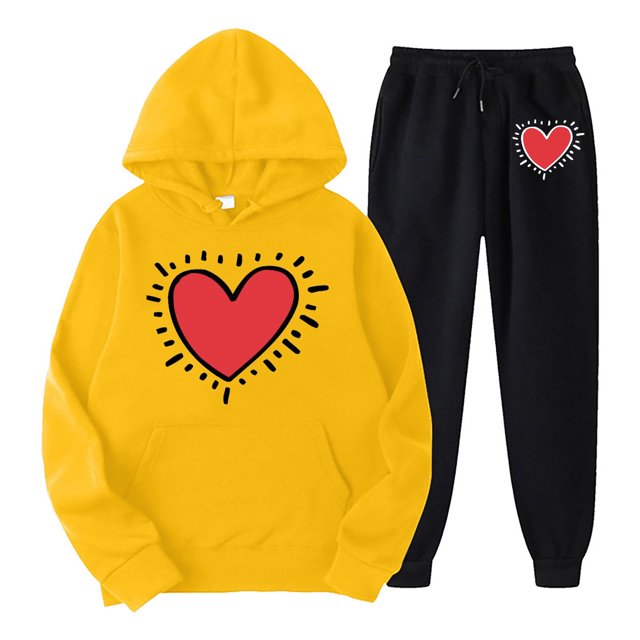 WILLBEST Vêtements d'Automne pour Femmes Ensemble Décontracté à Imprimé Cœur Manches Longues Col Rond Sweat à Capuche et Pantalon pour Automne et Hiver Jean Beige