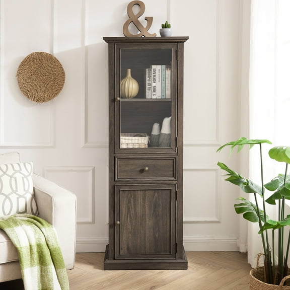 Tall Storage Cabinet With Glass Door For Bedroom - Brown Freestanding Vintage Look Living Room